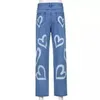 Women's Jeans Fashion Trousers Medium Wash High Waist Heart Print Wide Leg Jeans 231122