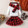 Clothing Sets Suefunskry Kids Girls Fall Outfits Solid Color Ribbed O-Neck Long Sleeve T-Shirt Tops Plaid Skirt Scarf 3Pcs Set for Christmas 231122