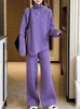 Womens Two Piece Pants Purple Sweater Set Autumn and Winter Fashion Turtle Neck Sticked Flower Elastic midja 231121