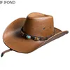 Szerokie brzegowe czapki wiadra sztuczna skórzana kowboj Western Cowboy dla kobiet mężczyzn vintage dżentelmen sukienka Panama Cowgirl Jazz Cap Sombrero Hombre 230421