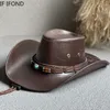 Szerokie brzegowe czapki wiadra sztuczna skórzana kowboj Western Cowboy dla kobiet mężczyzn vintage dżentelmen sukienka Panama Cowgirl Jazz Cap Sombrero Hombre 230421