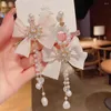 Boucles d'oreilles pendantes en fil de strass blanc doux coréen, nœud papillon en forme de cœur, longue goutte pour femmes, mode bijoux de fête de vacances, 2023