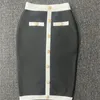 Saias preto branco bandagem para mulheres elegante cintura alta botões elásticos joelho comprimento lápis saia senhoras pano de escritório 231121