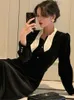 Casual Dresses Spring Autumn Women Elegant Midi Velvet Dress French Vintage A-Line Bow Collar Long Sleeve Pearl Buttons Party Clothing