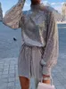 Mini abito da donna con paillettes dolcevita elegante a maniche lunghe in pizzo lucido femminile abiti da sera per feste da ballo Lady Vestido