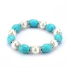 Strand FYSL Silver Plated Green Turquoises Stone Connect Pearls Stretchy Bracelet For Party Gift Jewelry