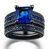 Trouwringen Fashion Retro Vergulde Princess Cut Zwart of Blauw Strass Verlovingsring Set Maat 5-12