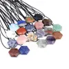 Hänge halsband naturliga stenhalsband fasetterad hexagonal aventurin jades opal rosa kvarts charms läder sladd smycken kvinnor