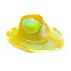 Cappelli da festa Led bianco illuminato Cowboy Neon Cappello da cowgirl Olografico Rave fluorescente con cavo antivento regolabile per Halloween Costume b1123