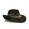 Breda brim hattar hink hattar retro fjäder skalle huvud läderband unisex kvinnor män barn barn ull bred grim sun cowboy western hatt cowgirl cap 54-57-61cm 231122