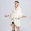 Foulards Foulards Lâche Manches Chauve-Souris Doux Tricot Pardessus Femmes Fête D'hiver Cape Large Fausse Rex Fourrure Col Manteau Cape Mode Ponchos Chal D Dhtxe