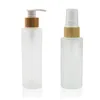 Bottiglie con pompa spray in vetro smerigliato a spalla piatta da 50 ml 100 ml 120 ml 150 ml con coperchio in bambù per la cura della pelle Siero Lozione Shampoo Gel doccia Toi Wjbj