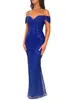 Blue Royal Sparkly Mermaid Robes de soirée de l'épaule paillette de balayage de balayage Formal OCN Pageant Birthday Prom Prome Célébrité robes Deuxième robe de réception