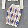 Robes de travail 2023 Ensemble de deux pièces Femmes Automne Hiver Tenues décontractées Argyle Cropped Cardigan Pull Top et Mini Jupe Ensembles tricotés
