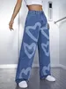 Women's Jeans Fashion Trousers Medium Wash High Waist Heart Print Wide Leg Jeans 231122