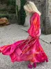 セクシーな印刷された不規則なドレス女性エレガントな深いv首の長袖ハイウエストスリムドレスファッション女性バケーションビーチローブ