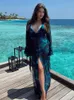 Blue Floral Print Ruffles Maxi Dress Women Sexig Deep V Neck Long Sleeve Belted Dresses Female Vacation Beach Party Clubwear