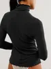 Женские футболки Модные женские осенние тонкие топы Сплошной цвет с длинным рукавом Футболки с высоким воротом и отделкой салата для кожи S M L