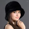 Berets ciepłe norek wiadra czapki panie futrzane zimowe włosy księżniczka tkana moda puszysta swobodna solidna kapelusz z kwiatem kobiety