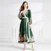 Paisley Floral Green Party Linen Wrap Dress Woman Designer Lantern Sleeve V-Neck Slim Vintage Bow Belted Maxi Dresses Robe 2023 Spring Autumn Runway Vacation Frocks