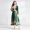 Paisley Floral Green Party Linen Dress Dress Woman Designer Lantern Sleeve V-Neck Slim Vintage Bow Belted Maxi Sukienki szlafropowe 2023