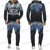 Fatos de treino masculinos gótico crânio tatuagem 3D impresso com capuz / agasalho moda masculina motocicleta motociclista conjunto de roupas esportivas legal gráfico moletom + calças terno T231122