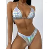 Mulheres Swimwear 2023 Europeu e Americano Split Swimsuit Três Peças Glitter Pano Sexy Tassel Beach Party Bikini Mulheres