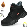 Bottes en cuir noir hiver en peluche sécurité travail pour hommes imperméable anti-ongles pression chaussures de travail indestructibles embout en acier chaussures 231121