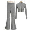 Mulheres sleepwear 2 peça de malha casa conjunto fino encaixe manga longa o pescoço camisola flare calças cintura alta malha terno outono loungewear mulheres