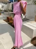 Vestido de duas peças bclout skiot rosa elegante conjuntos de 2 peças roupas femininas de mola o-gola sem mangas colheita tops de cintura elástica preta de cintura longa terno 230422
