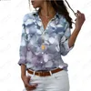 Kvinnors blusar Kvinnors sommarskjorta långärmad landskap Flower Cat 3D Digital Printing Selling Polo Button Casual Top Cardigan