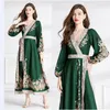 Paisley Floral Green Party Linen Wrap Dress Woman Designer Lantern Sleeve V-Neck Slim Vintage Belt Belt Maxi Dresses Robe 2023 Spring Autumn Runway Vacation Frocks