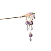 Fermagli per capelli Bastoncini di fiori cinesi Forchette Spilli in metallo color oro e copricapo floreale viola Accessori per feste da donna