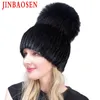 Beanie/Skull Caps Jinbaosen Real Mink Fur Hat för vinterkvinnor Importerad stickad Mink Cap med Fox Fur High Quality Women Beanies231118