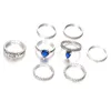 Cluster Rings 8 PCS Set Fashion Creative Exquisite Vintage Knuckle with Inlaid Blue Gem Heart Design Kvinna