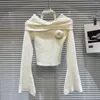 Kvinnors tröjor Prepomp 2023 Winter Collection Petal Applique Halter Long Flare Sleeve Sticked Pullover Women Sweater GM289