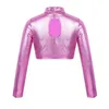 Gilet Enfant Fille Ballet Danse Gymnastique Justaucorps Vêtements Brillant Métallique Manches Longues Crop Tops pour Workout Stage Performance Dancewear 230422