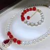 Necklace Earrings Set HABITOO Natural White 9-10mm Round Freshwater Pearl Red Jade Bead Bracelet Ruby Cubic Zircon Gifts