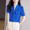 Women's Blouses 2023 Summer Fashion Women Blouse Elegant V-neck Bow Lace-up Short Sleeve Striped Top Office Lady Formal Shirts