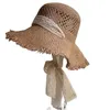 Wide Brim Hats Cute Girls Straw Hat Sun Kids Large Beach Summer Boater Ribbon Round Flat Top Fedora