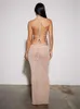 Halter Backless See Through Maxi Dress Women Solid ärmlös snörning Långa klänningar Ny sexig fest Night Club Robes Vestido