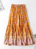 Etekler vintage şık hippi kadınlar turuncu çiçek baskısı plaj bohem etek yüksek elastik bel pilili boho rayon maxi etekler femme 230422