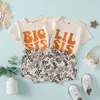 Family Matching Outfits Summer born Baby Girls Sister Matching Outfits Letter Print Short Sleeve BodysuitsTshirtsRainbow Floral Shorts Clothes 230421