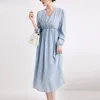 Casual Dresses Elegant Pure Silk Dress for Women V-Neck Puff Sleeve Elastic Flätat rep midje Bodycon Solid Mulberry