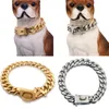 Dog Collars Leashes 19mm Strong Metal Dog Chain Necklace Pet Training Stainless Steel Choke Collar Gold Cuban Link For Large Walking Dog Ring 230422