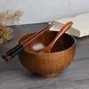 Zestawy naczyń stołowych Hemoton Prosta drewniana miska ręcznie robiona drewniana zupa zupa ryż miksuje sałatka