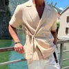 Męskie koszule 2023 Summer Solid Linen Short Shirt Set Fashion French Elegancki dżentelmen luźne luźne proste proste ubranie