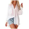 Женские блузки 2023 Свободные белые шифоновые рубашки Женские карманные блузки с длинным рукавом