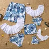 Familjmatchande kläder Summer Mommy and Daddy Son Daughter Clothing Bikini Sandbeach Swimsuit Family Matching Outfits Leaf Printing Badkläder 230421