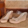 Klänningskor 2023 Transparent PVC Sandaler Kvinnor Summer Peep Toe High Heels Sexiga kilar Pumpar Plattform Slingback Storlek 43